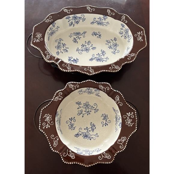 2 Floral Lace Blue By Tara Temp-Tations‎ 0.5Qt, 1.5Qt Dishes with Metal Holders - Picture 1 of 7